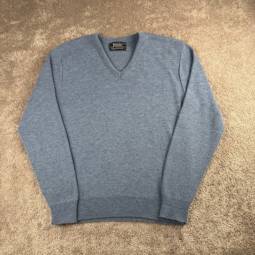 Vtg Pastel Blue Jantzen V-Neck Sweater Size L Preppy Grandpa Retro Grunge